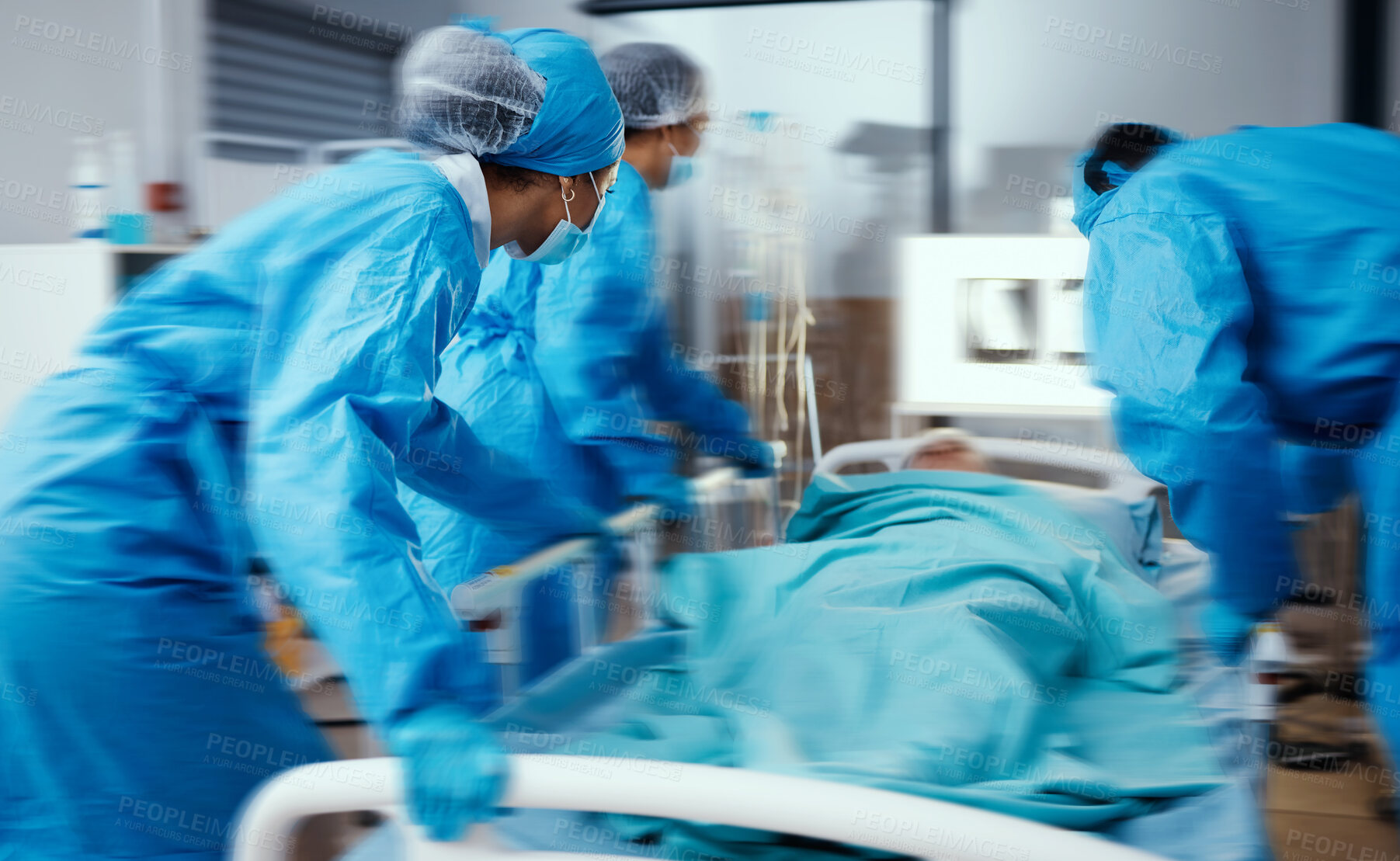 Buy stock photo Women, man and hospital bed in motion blur of emergency surgery, healthcare wellness or risk condition operation. Doctors, nurses and medical workers with patient in busy er, theatre room or teamwork