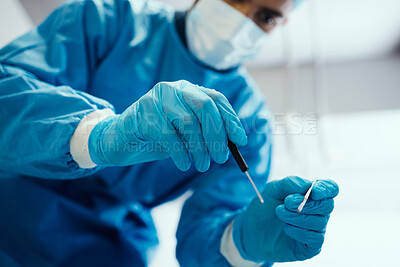 Buy stock photo Healthcare, medicine and doctor in surgery with surgical tools or equipment in hands in hospital. Medical worker, trust and cardiology, heart operation or emergency procedure on patient in clinic.