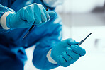 Healthcare, surgeon and hands with a scalpel for procedure in an operating room at hospital. Closeup of doctor or nurse with medical equipment for surgery in emergency room at medicare clinic center.