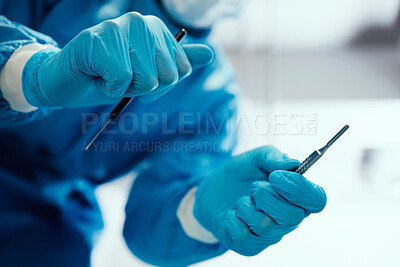 Buy stock photo Healthcare, surgeon and hands with a scalpel for procedure in an operating room at hospital. Closeup of doctor or nurse with medical equipment for surgery in emergency room at medicare clinic center.