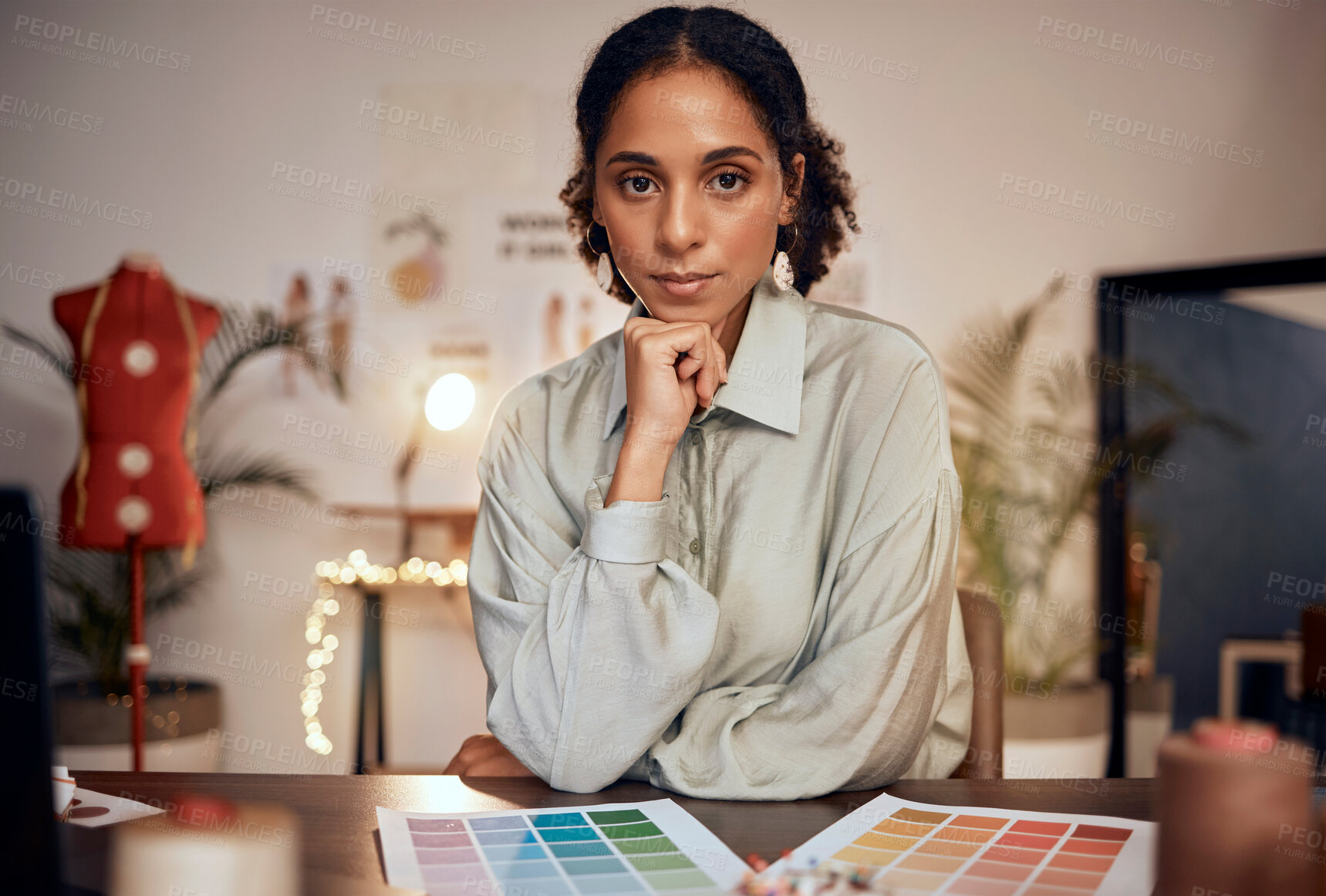 Buy stock photo Black woman, creative designer and portrait in studio for inspiration, creativity motivation and color vision. African businesswoman, entrepreneur and confident fashion designer or tailor in showroom