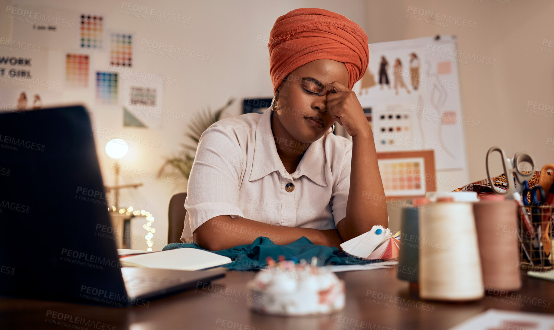 Buy stock photo Fashion designer, headache or stress in boutique, small business or retail store with pattern fail, mistake or crisis. Black woman, seamstress or worker with burnout, mental health or fabric anxiety