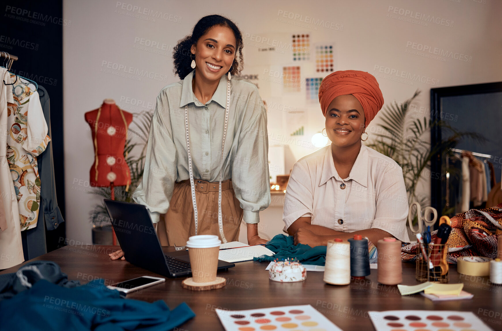 Buy stock photo Portrait, black women and fashion workplace, laptop and prepare for runway show, complete order and talking for business growth. African American females, ladies or entrepreneurs with startup company