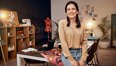 Buy stock photo Portrait, fashion and designer in workspace, woman and with smile. Young female, tailor and creative entrepreneur, prepare for runway show, relax and happiness for business, success and in workplace.