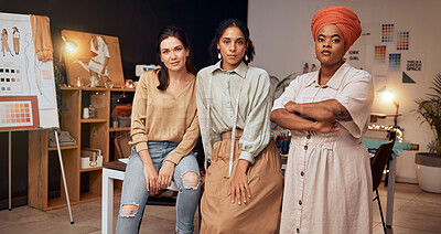 Buy stock photo Fashion designer, women and empowerment in small business, clothing boutique or manufacturing workshop at night. Portrait, creative designer or seamstress workers in teamwork collaboration with ideas