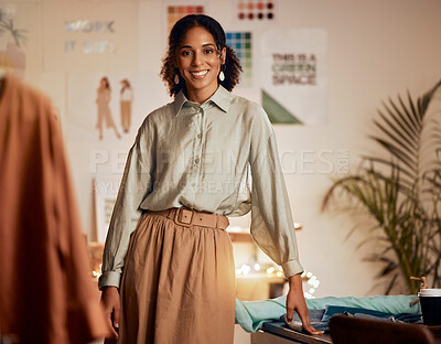 Buy stock photo Fashion designer, black woman and portrait of a design workshop and creative studio worker. Smile, startup entrepreneur and retail store tailor feeling happy about small business and shopping vision