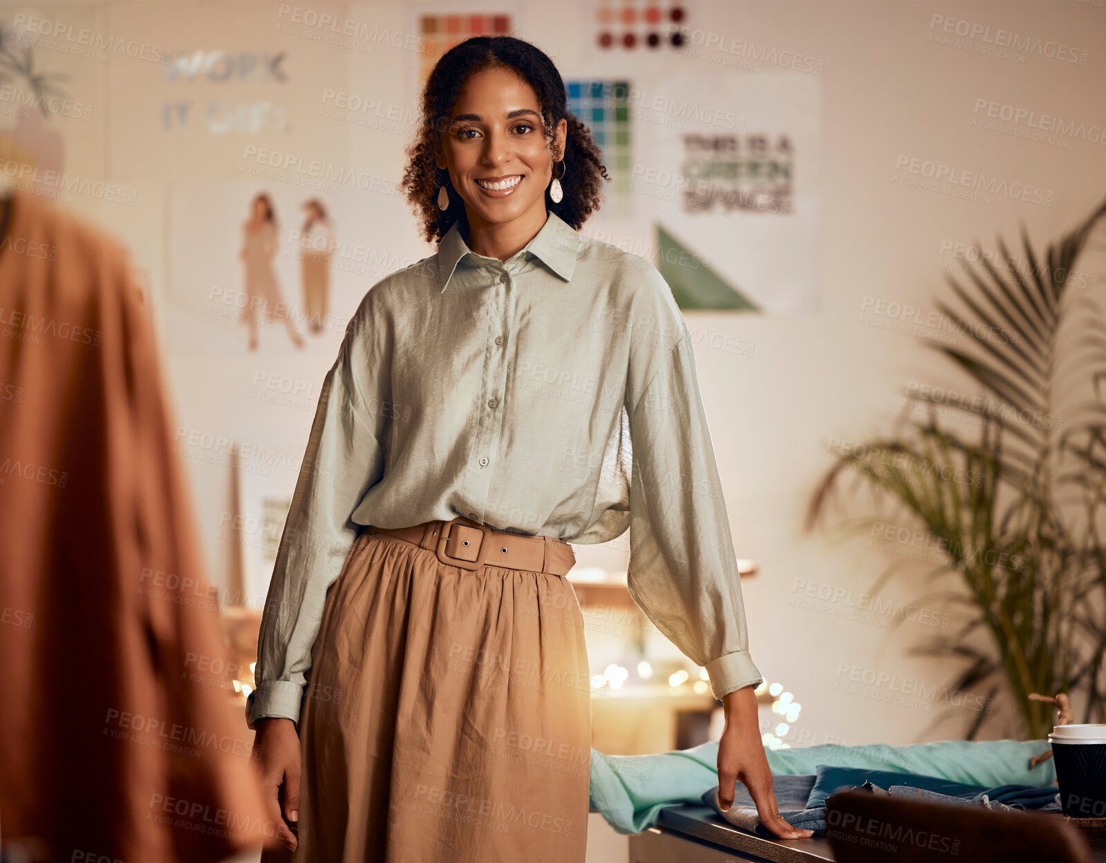 Buy stock photo Fashion designer, black woman and portrait of a design workshop and creative studio worker. Smile, startup entrepreneur and retail store tailor feeling happy about small business and shopping vision