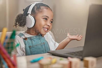 Buy stock photo Confused, little girl and video call with elearning laptop for remote lesson on educational app. Knowledge, development and education of black child at home in communication on internet

