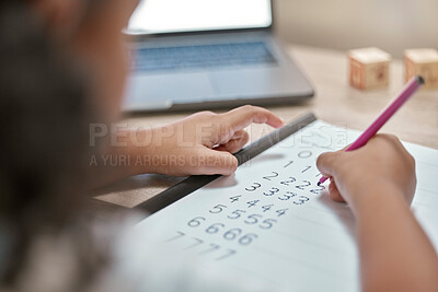 Buy stock photo Girl hands, math and writing on paper, counting and homework with number, elearning and laptop in home. Child, learning and study mathematics in house, education or young student e learning in house