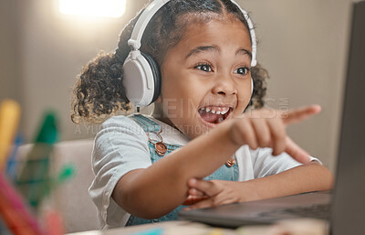 Buy stock photo Student, education and remote learning with an excited black girl in her home using a laptop and headphones. Computer, study and elearning with a female child in her house for studying or development