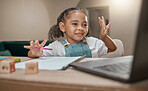 Girl, learning and elearning on laptop, math and education in homeschool, writing and online class at desk in home. Child, happy smile and count for development, education and learning for knowledge