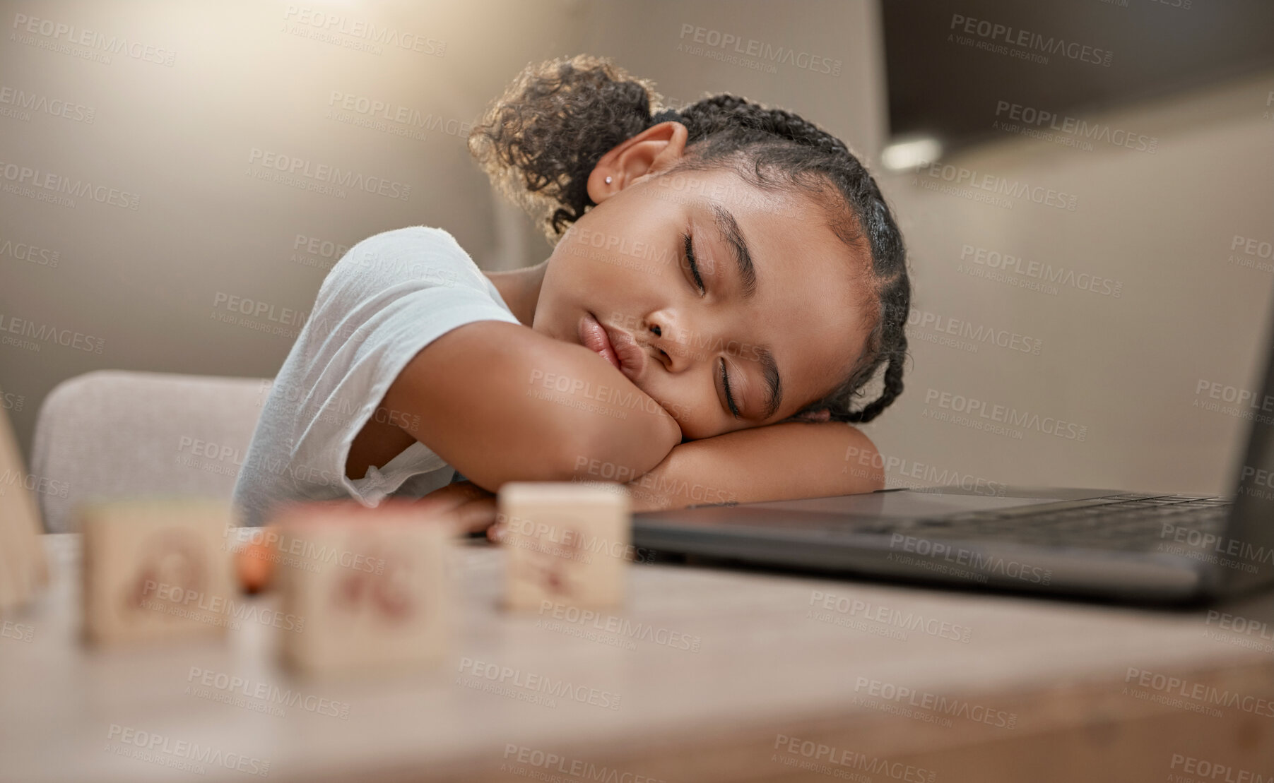 Buy stock photo Child sleeping, learning and girl tired from home education, computer and kid development. Study, sleep and online education of a student in a house rest after digital school studying and working