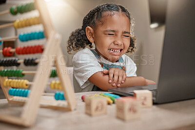 Buy stock photo Girl, sad and crying with laptop and abacus, math and homework with elearning, online and education in house. Young child, frustrated and struggling with mathematics, fail and problem with learning