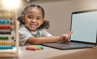 Buy stock photo Mockup laptop, e learning portrait and child pointing at digital mock up screen for marketing, advertising or product placement. Remote education, homeschool and student girl study with math software