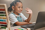 Wave, laptop or girl elearning math for education, child development or knowledge in online class at home. Smile, kid or happy kindergarten student ready for assessment test or studying on video call