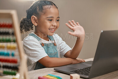 Buy stock photo Wave, laptop or girl elearning math for education, child development or knowledge in online class at home. Smile, kid or happy kindergarten student ready for assessment test or studying on video call