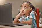 Homework, laptop and bored child distance learning from home looking unhappy with education. Connection, internet and pc for elearning with a little girl attending boring online lesson to study