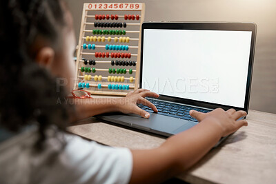 Buy stock photo Laptop, elearning and girl in homeschool math class with green screen or mockup online classroom. Education, internet and  video streaming service for kindergarten child development for home school.