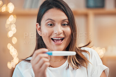 Buy stock photo Wow, excited or woman with pregnancy test results by reading a fertility stick at home with a happy smile. Face, pregnant or surprised person in maternity shocked by motherhood or future family news