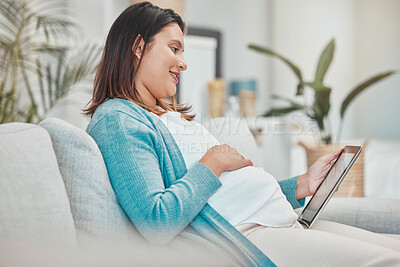 Buy stock photo Pregnancy planning, relax and woman with a tablet, streaming movies and reading information on baby health. Pregnant research, healthcare and mother with social media on tech during maternity leave