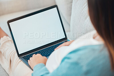 Buy stock photo Woman, laptop screen and home sofa for online shopping, internet search and communication on social media reading ecommerce ads. Free mockup space for product placement or website with pregnant woman