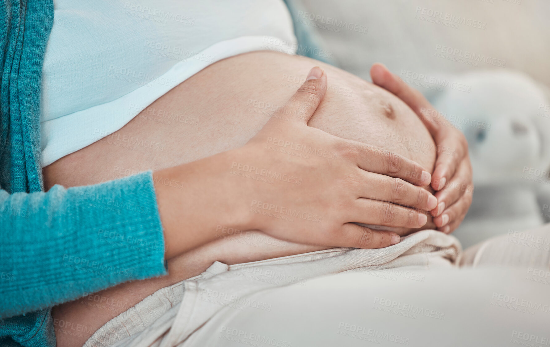 Buy stock photo Pregnant, tummy and woman touching body to bond with her baby for maternity care with love. Bonding, pregnancy and mother touching her stomach to prepare for motherhood and being a parent