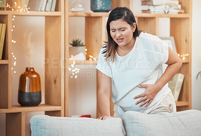 Buy stock photo Pregnant woman, pain and cramps with hand on stomach for abdominal problem, discomfort or childbirth contractions for labour. Female with stress, stomachache or spasm causing miscarriage in pregnancy