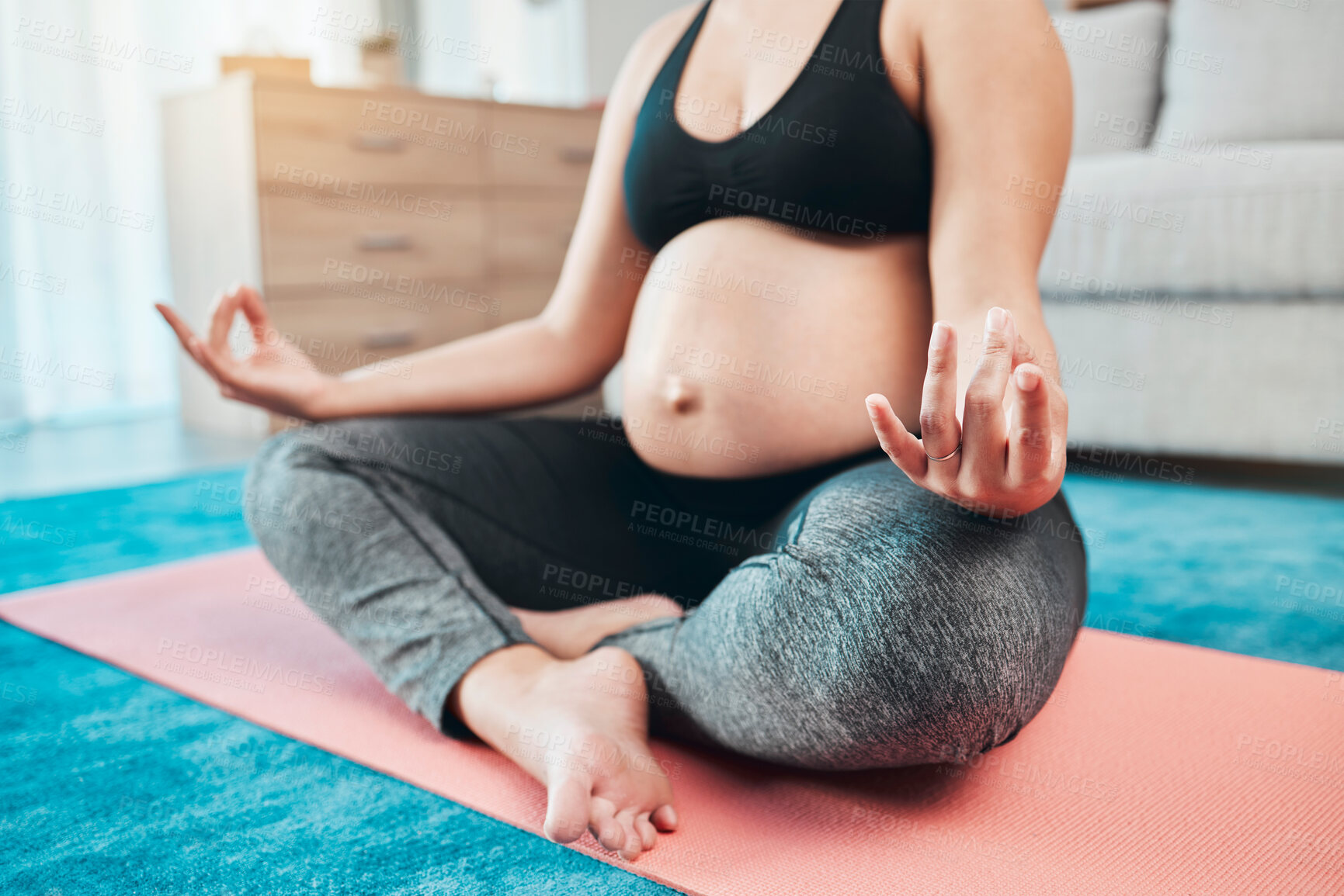 Buy stock photo Yoga, pregnant and woman with meditation, lotus pose and peace, zen and calm with mindfulness, exercise for prenatal health. Self care, wellness and pregnancy fitness, pregnant woman and balance.