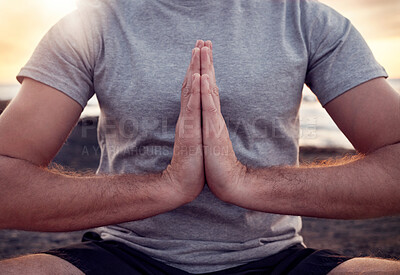 Buy stock photo Prayer, hands or praying in yoga meditation exercise or body training with peace, gratitude or chakra healing energy. Nature, God or zen yogi relaxing in a calm lotus pose for spiritual mindfulness 