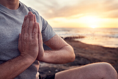 Buy stock photo Beach, meditation and hands praying of fitness, yoga or training man in morning sunrise on the horizon for healing, peace and zen. Calm, spiritual and pilates man prayer sign in nature, sea or ocean