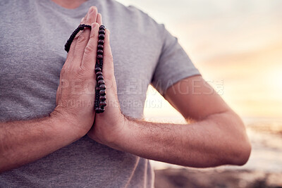 Buy stock photo Prayer, yoga or hands in gratitude in nature or beach for relaxing, peaceful or calm freedom in Bali. God, meditation or zen man praying for mindfulness, soul or holistic spiritual chakra energy