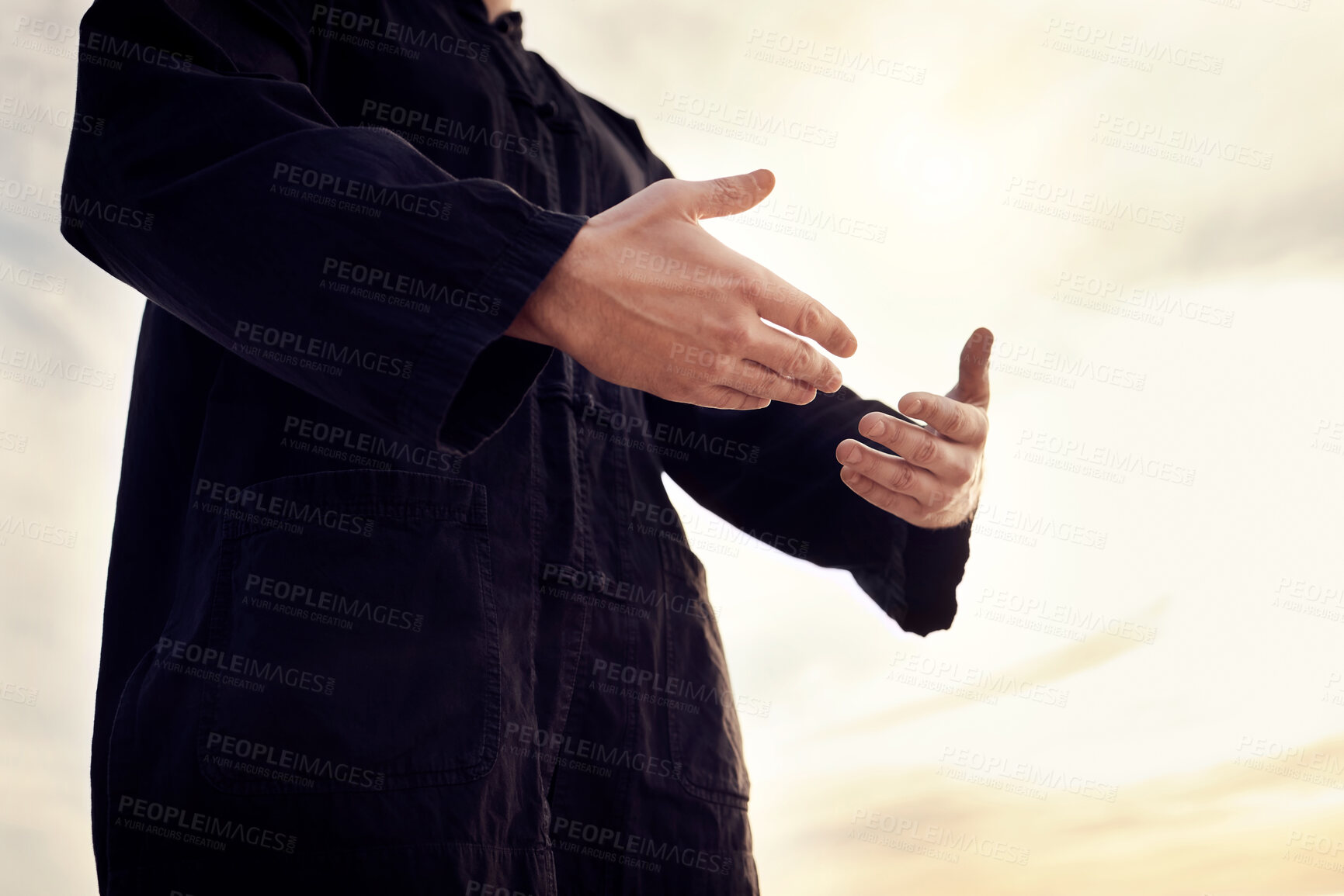 Buy stock photo Praying, worship and Muslim man in nature for gratitude, peace and trust in God against a sky. Hope, Islam and person with hands for a prayer, Islamic praise and faith during Ramadan and sunset