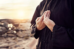 Man, hands or tai chi on sunset beach for relax exercise, workout or training for mental health, chakra balance or mind wellness. Zoom, person or martial arts by sea, ocean or nature water at sunrise