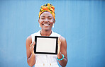 Portrait of black woman, tablet and screen, mockup or web space for digital marketing, advertising or branding app on blue background. Happy girl, digital technology and mock up for product placement