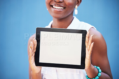 Buy stock photo Tablet, mockup and screen with hands of black woman for digital, social media and website. Communication, technology and internet with girl for contact, online and networking in blue background 