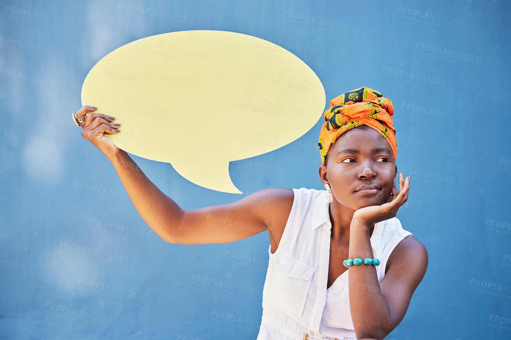 Buy stock photo Black woman, fashion or thinking with speech bubble on blue background with city vote, innovation or ideas. Blank placard, poster billboard or voice mock up for bored student in stylish trend clothes