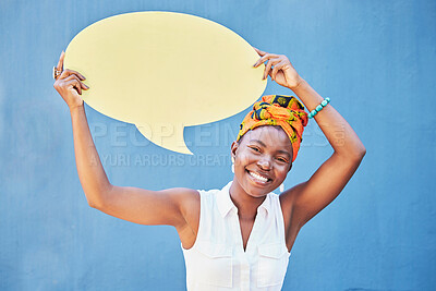 Buy stock photo Black woman with speech bubble or mockup for social media advertising, marketing or sale communication. Blue background, brand or startup girl with smile for feedback review, vote or voice opinion 