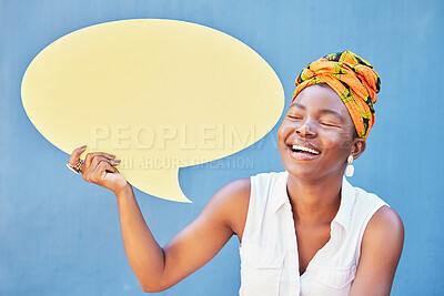 Buy stock photo Speech bubble, communication and news with black woman and mockup for social media, vote and review. Design, contact and chat sign with girl and board against wall for voice, opinion or dialogue icon