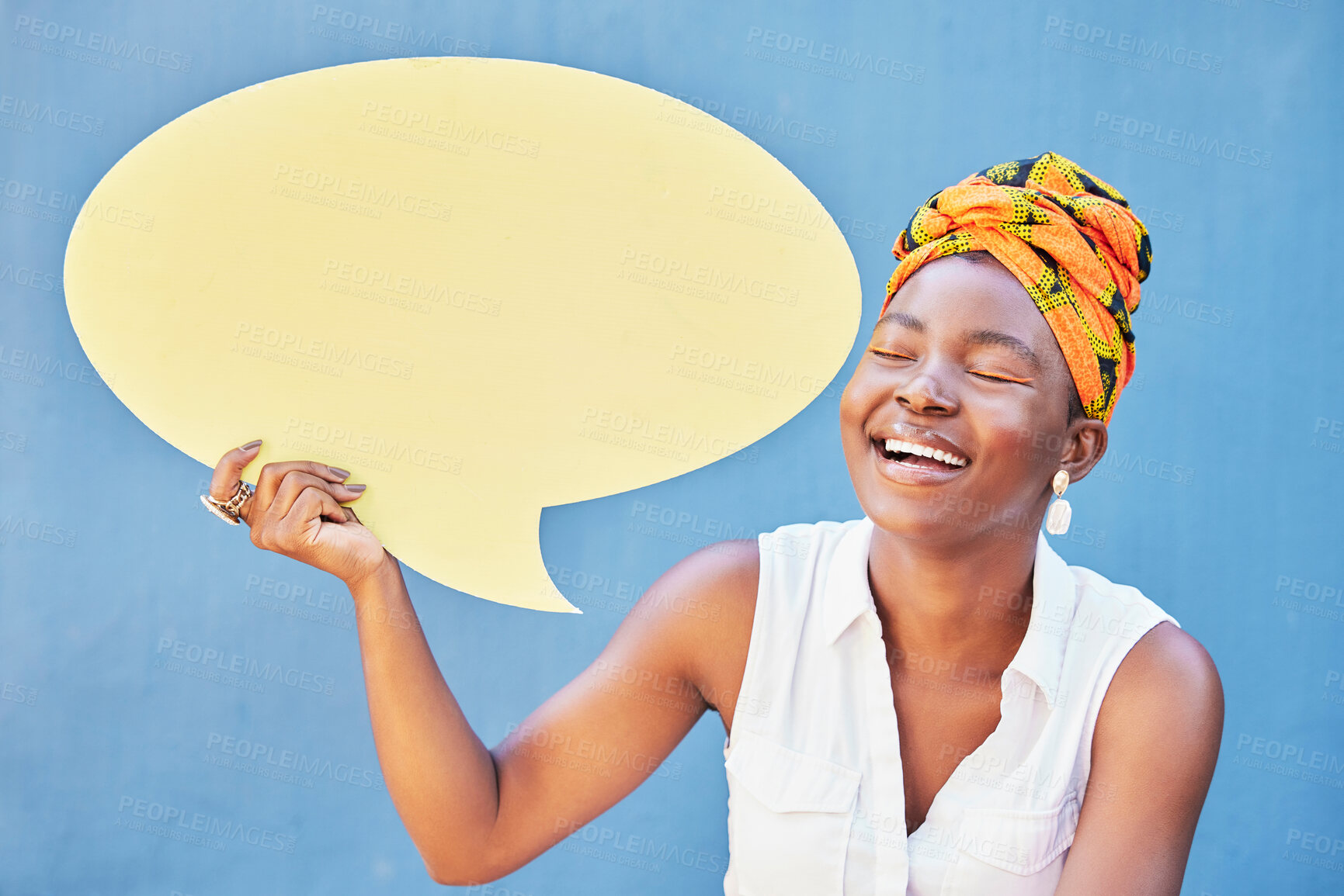 Buy stock photo Speech bubble, communication and news with black woman and mockup for social media, vote and review. Design, contact and chat sign with girl and board against wall for voice, opinion or dialogue icon