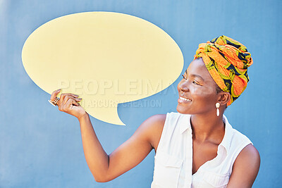 Buy stock photo Speech bubble, black woman and mockup of advertising, communication or voice review on blue background. Happy girl, feedback and marketing space of product placement, announcement or information sign