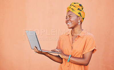 Buy stock photo Wall, laptop or happy black woman thinking of research about creative small business ideas in Kenya. Digital, technology or thoughtful African girl entrepreneur working on a youth development project