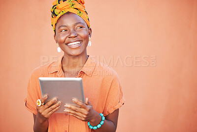 Buy stock photo Black woman thinking, head scarf and tablet for connection, idea and search internet on studio background. Jamaican female, device and girl smile with traditional head wrap, reading online and mockup