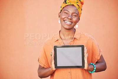 Buy stock photo Tablet, portrait or black woman with mockup screen for branding, marketing or advertising space. Product placement, happy or African girl with promotion announcement, sales offer or discount deal