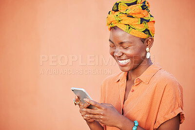 Buy stock photo Black woman, smartphone and typing for communication, social media and connection with smile on studio background. Female, Jamaican lady and phone to search internet, online reading and mockup.