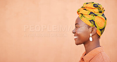 Buy stock photo Cosmetics, black woman and smile with head wrap, natural beauty and color on studio background. Jamaican female, profile and lady with traditional headscarf for culture, stylish makeup with mockup.