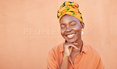 Buy stock photo Beauty, smile and black woman, happy and face for skincare cosmetic product with orange wall. Happiness, head scarf and fashion African girl feeling soft skin texture with mockup space outdoor