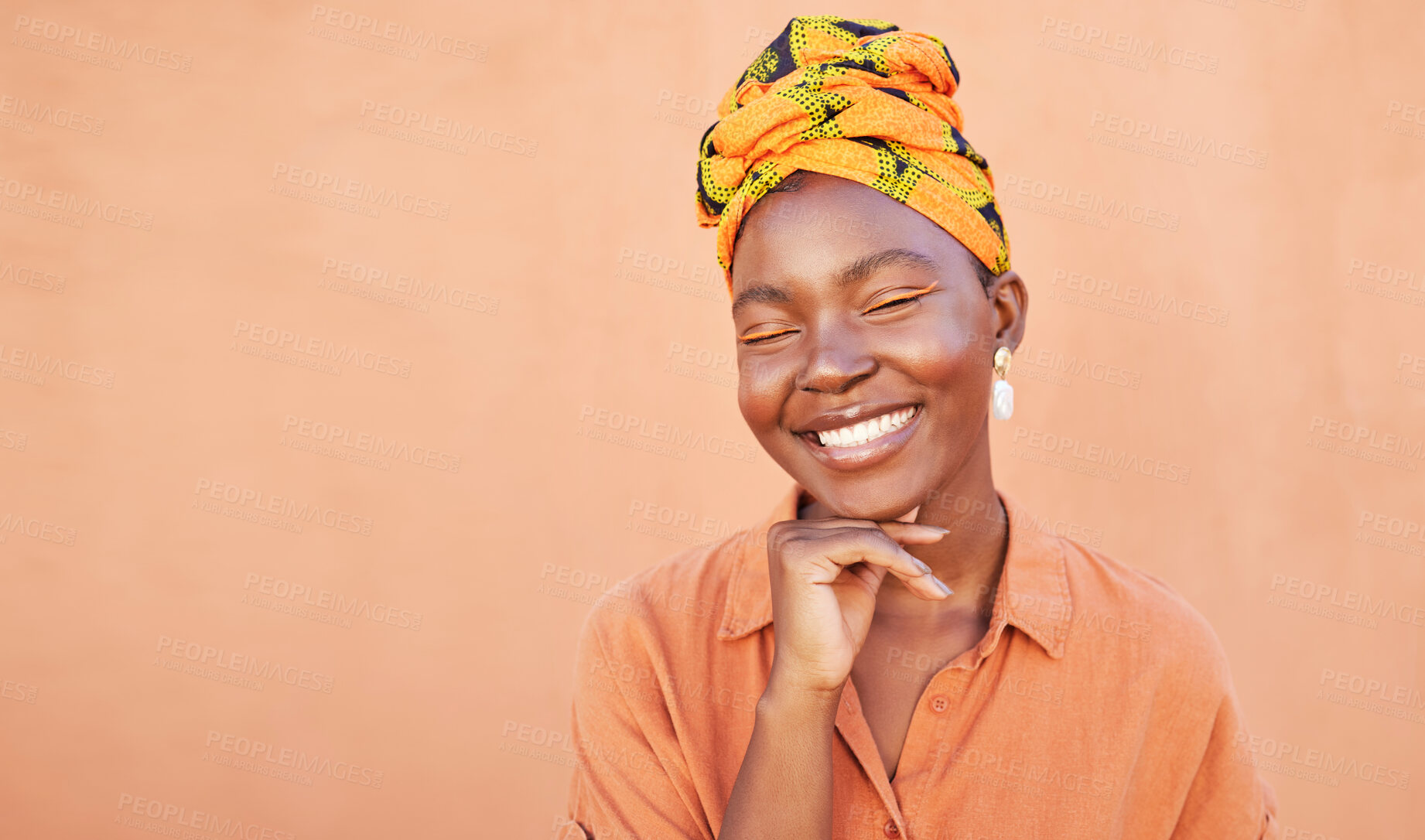 Buy stock photo Beauty, smile and black woman, happy and face for skincare cosmetic product with orange wall. Happiness, head scarf and fashion African girl feeling soft skin texture with mockup space outdoor