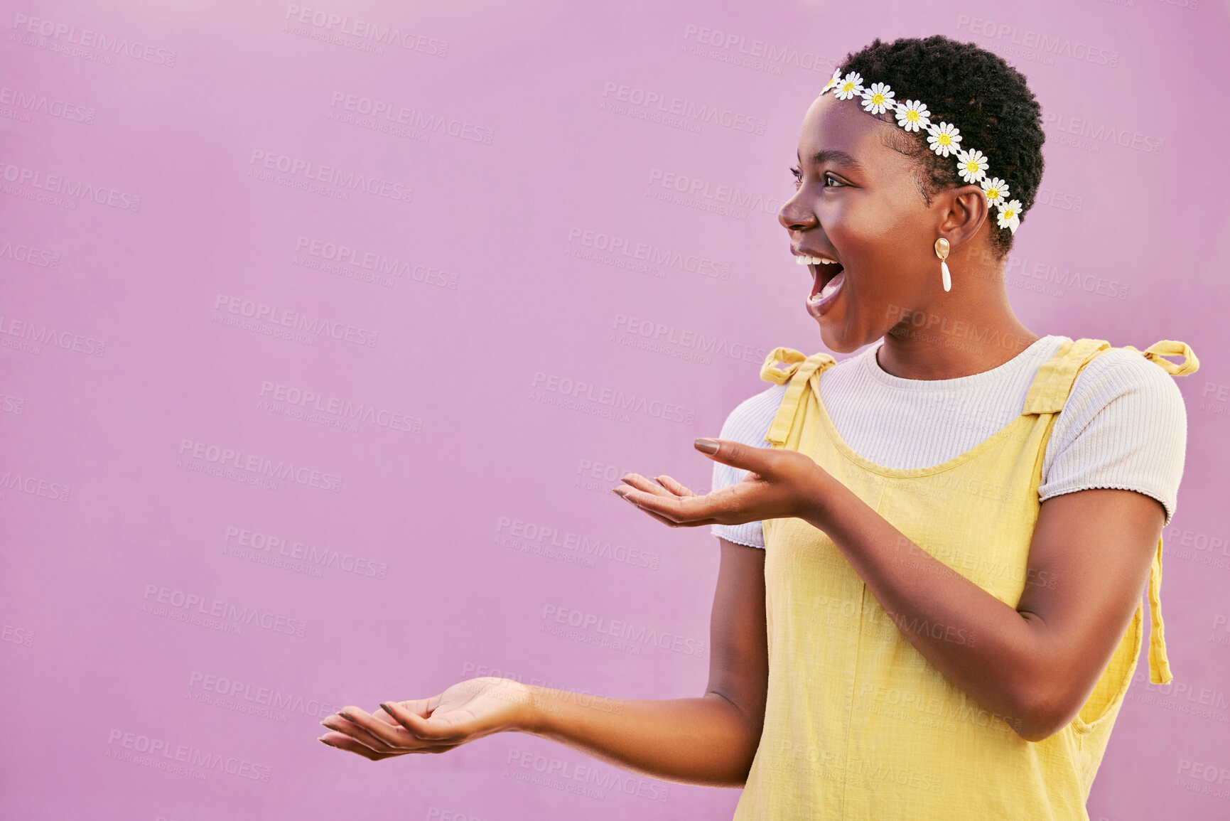 Buy stock photo Excited black woman, mockup and space on pink background for marketing, advertising or brand presentation, sale or review. Happy girl, bright mock up and backdrop for offer, promotion or announcement