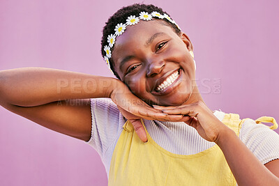 Buy stock photo Black woman, happy with fashion and flower crown, spring and style with success and positive mindset with Gen z youth. Trendy, happiness and African girl portrait, smile and pink studio background.