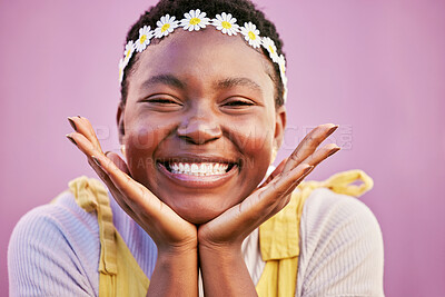 Buy stock photo Happy, gen z and black woman student portrait with hippie daisy headband and optimistic smile. Happiness, youth and natural face of young girl in Los Angeles, USA at pink wall background.


